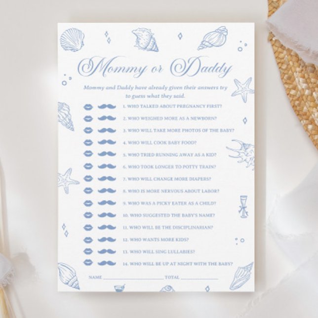 Convites Dusty Blue Beach Chá de fraldas adivinha quem jogo (Criador carregado)