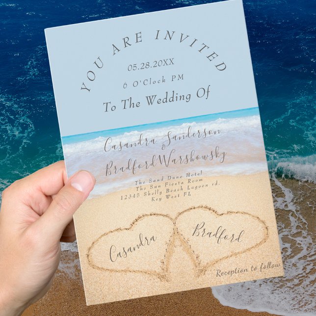 Convites Dusty Blue Beach Wedding 2 Hearding Sand Wedding (Criador carregado)