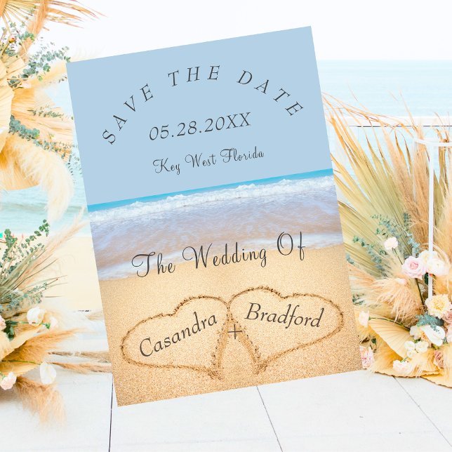 Convites Dusty Blue Beach Wedding 2 Hearts in the Sand (Criador carregado)