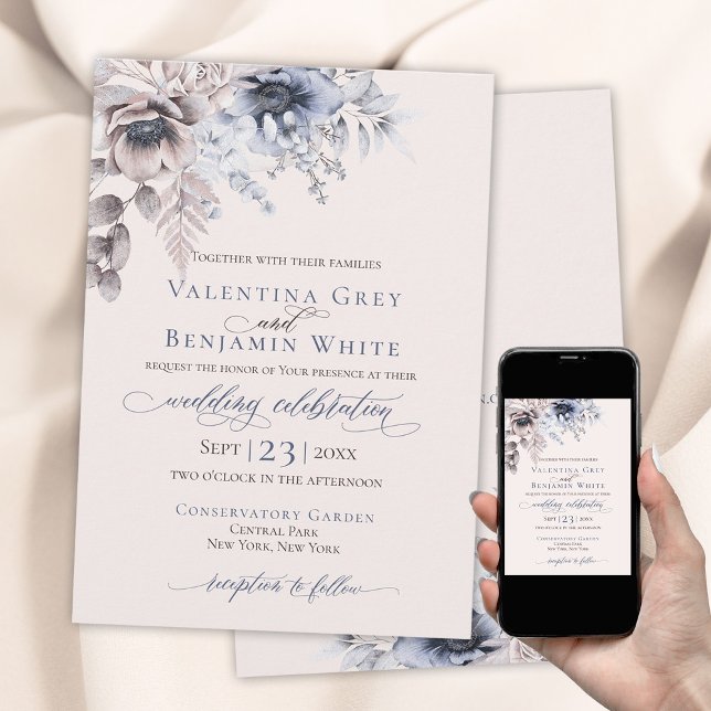 Convites Dusty blue beige floral elegante (Beige blue elegant classy wedding invitation. )