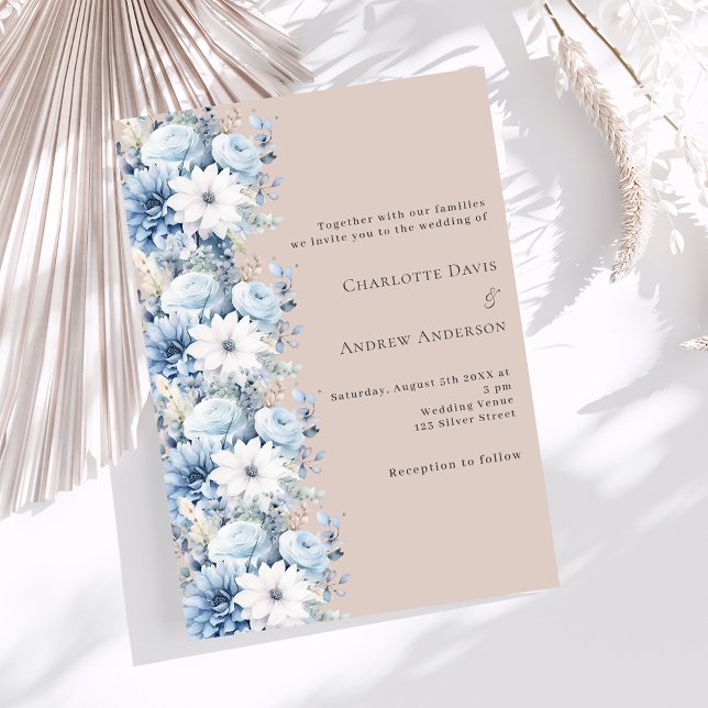 Convites Dusty blue beige florals elegante casamento (Criador carregado)