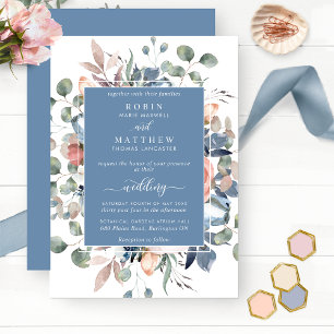 Convites Dusty Blue Blissful Floral e Greenery Casamento