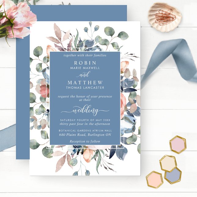 Convites Dusty Blue Blissful Floral e Greenery Casamento (Criador carregado)