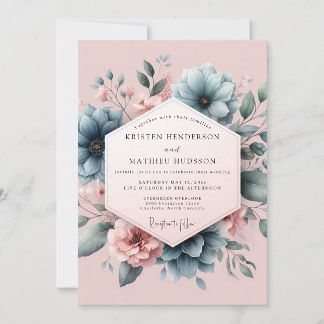 Convites Dusty Blue Blush Blossom Wedding (Frente)