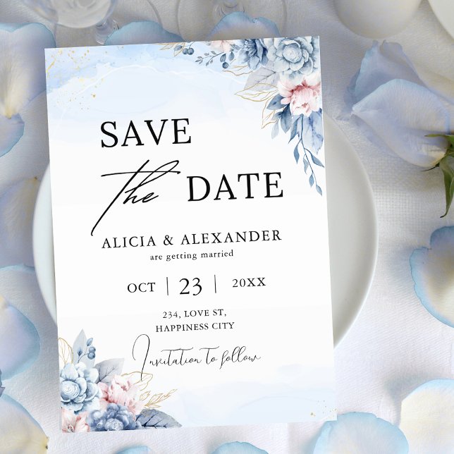 Convites Dusty Blue Blush Dourado Floral Salvar a Data (Dusty Blue Blush Gold Floral Save the Date Invitation)