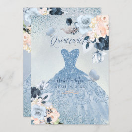 Convites Dusty Blue+Blush Rosas Glitter Quinceanera