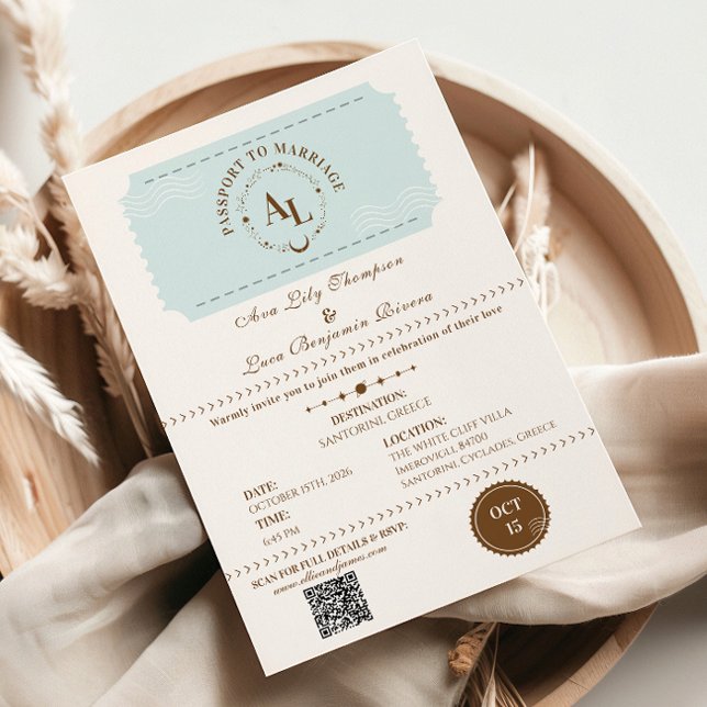 Convites Dusty Blue Boarding Pass Cosmic Wedding  (Criador carregado)