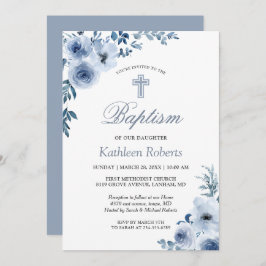 Convites Dusty Blue Bohemian Floral Baptism Christening