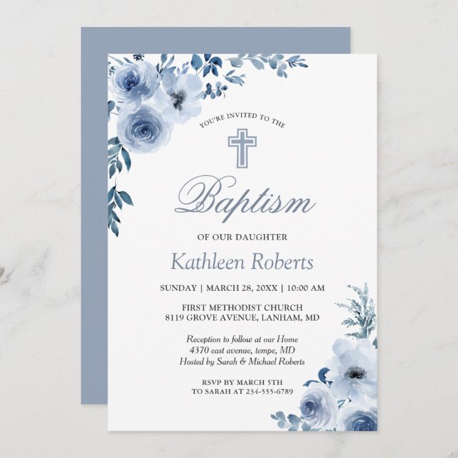 Convites Dusty Blue Bohemian Floral Baptism Christening (Frente/Verso)