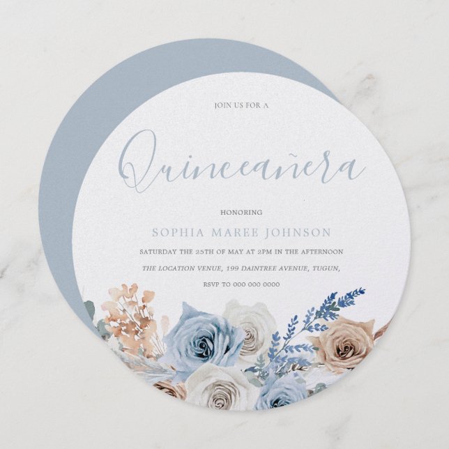 Convites Dusty Blue Boho Pear Shimmer Quinceanera (Frente/Verso)