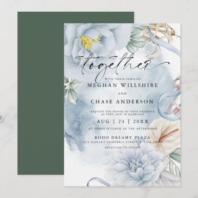 Convites Dusty Blue BOHO Watercolor Floral (Frente/Verso)