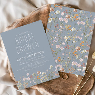 Convites Dusty Blue Boho Wildflower Chá de panela Elegante