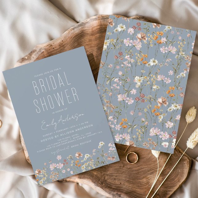 Convites Dusty Blue Boho Wildflower Chá de panela Elegante (Criador carregado)