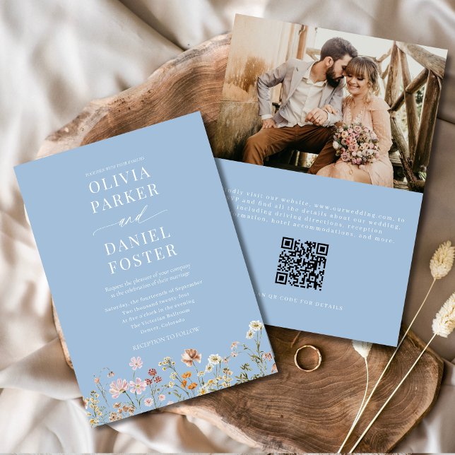 Convites Dusty Blue Boho Wildflower Código QR Casamento Fot (Criador carregado)