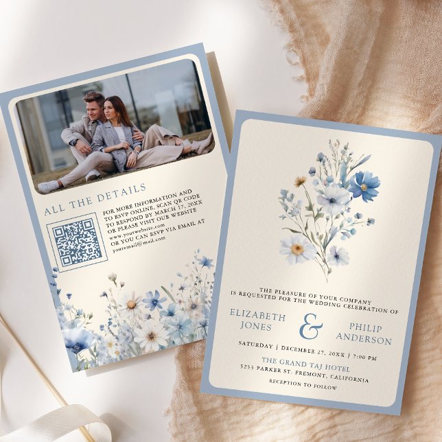 Convites Dusty Blue Boho Wildflower Photo QR Code Wedding (Criador carregado)
