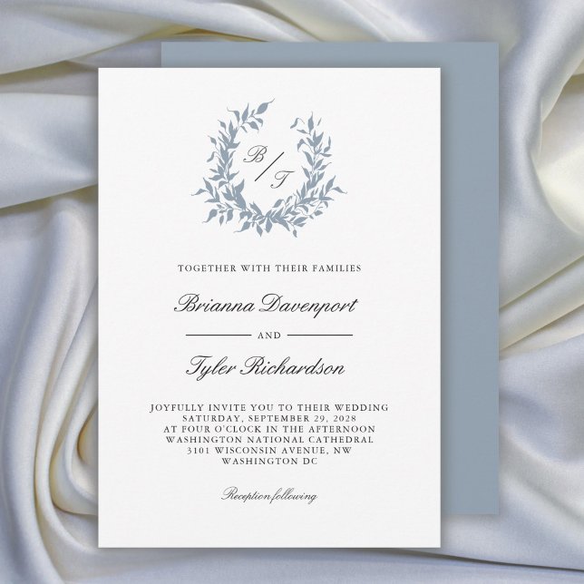 Convites Dusty Blue Botanical Crest Monograma Casamento (Available in both printed and paperless digital download formats.)