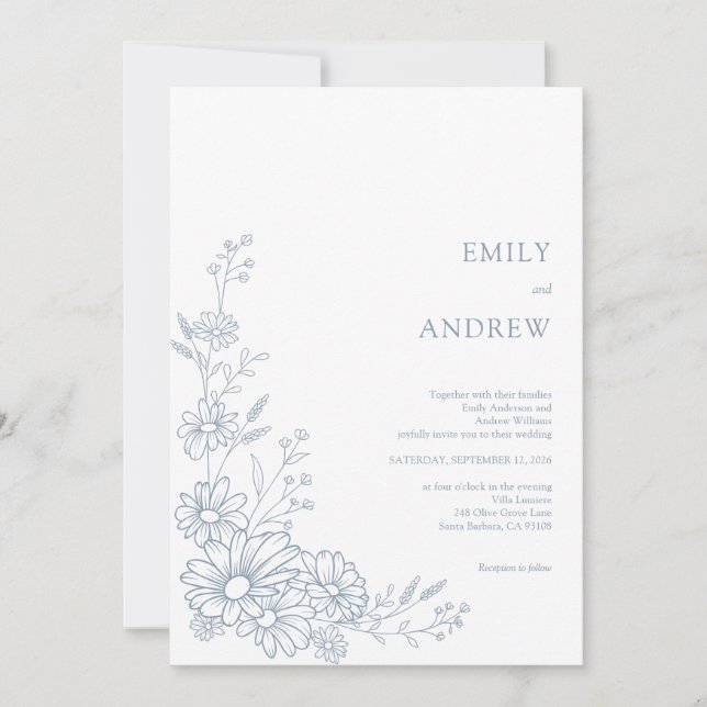 Convites Dusty Blue Botanical Daisy Garden Wedding (Frente)
