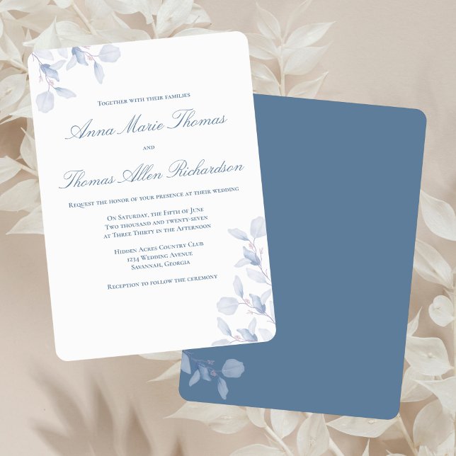 Convites Dusty Blue Botanical Elegant Minimalist Wedding (Dusty blue floral wedding invitation with rounded corners on soft neutral linen.)