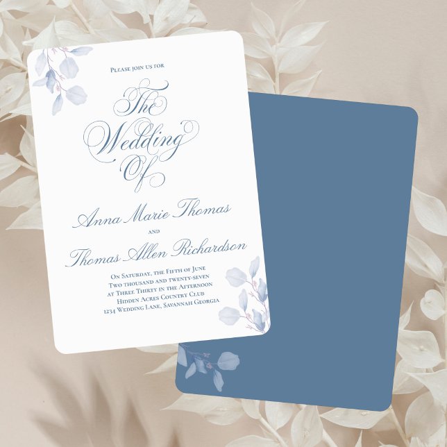 Convites Dusty Blue Botanical Elegant Wedding Of Minimal (Dusty blue “The Wedding Of” invitation with soft florals and elegant calligraphy script.)