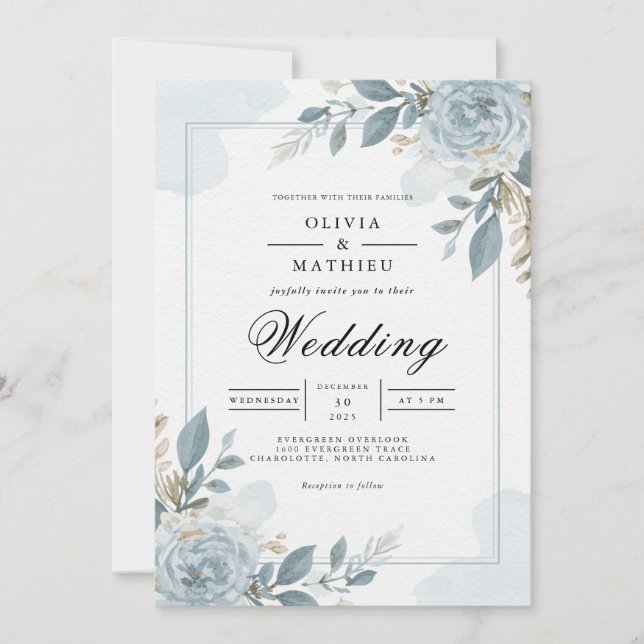 Convites Dusty Blue Botanical Floral Wedding (Frente)