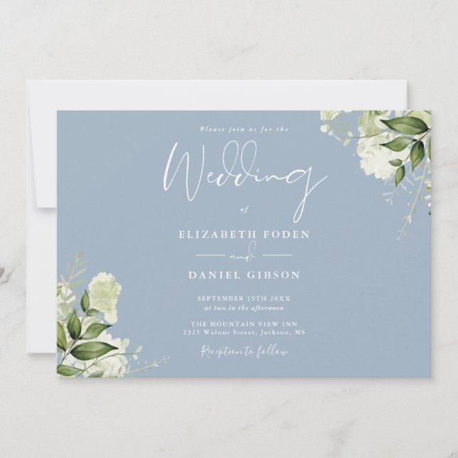 Convites Dusty Blue Botanical Greenery Monograma Casamento (Frente)