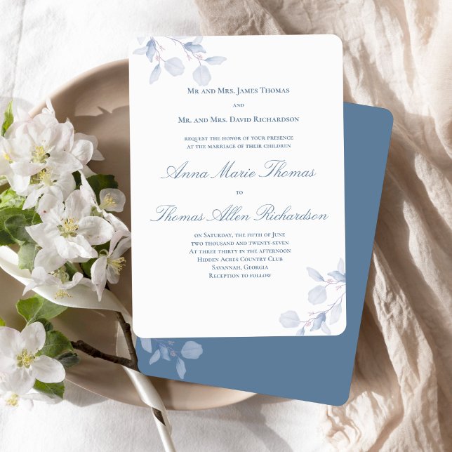 Convites Dusty Blue Botanical Traditional Wedding Invite (Dusty blue botanical wedding invitation with both families hosting and classic wording.)