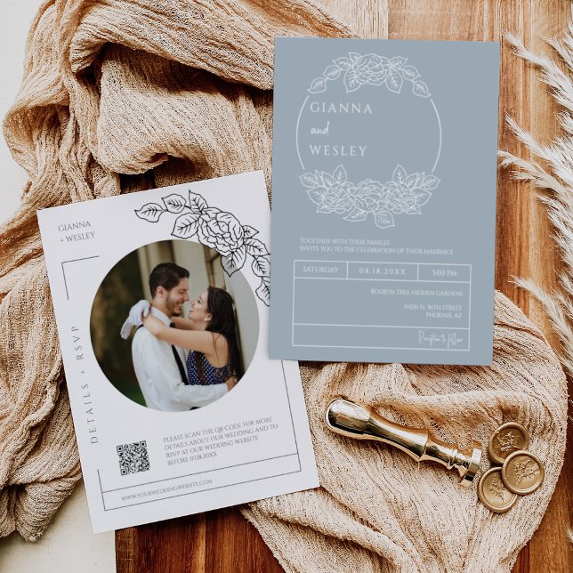 Convites Dusty Blue Botanline Art Boho Código QR Foto (Criador carregado)