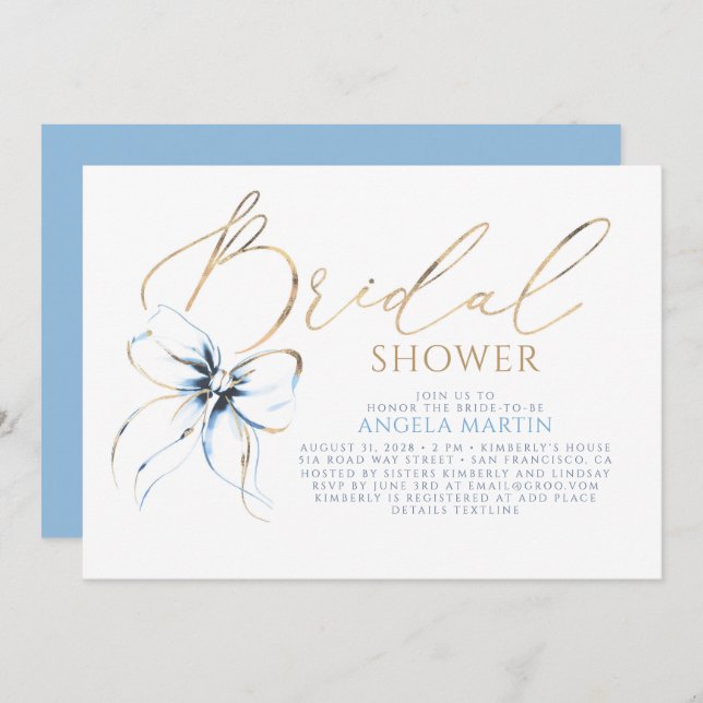 Convites Dusty Blue Bow Elegant Romantic Bridal Shower (Frente/Verso)