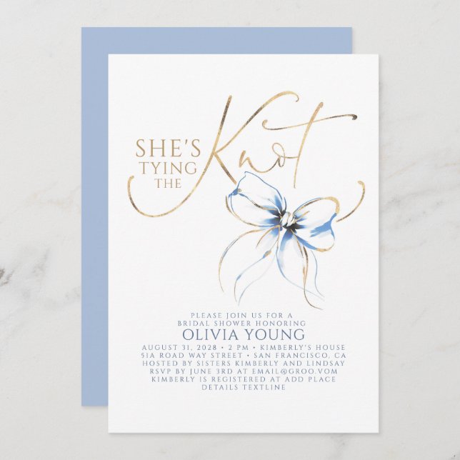 Convites Dusty Blue Bow She's Tying The Knot Bridal Shower (Frente/Verso)
