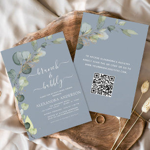 Convites Dusty Blue Brunch e Bubbles QR Code Eucalyptus