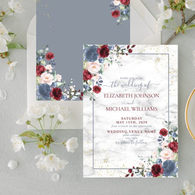Convites Dusty Blue Burgundy Blush Dourado Casamento Floral (Criador carregado)