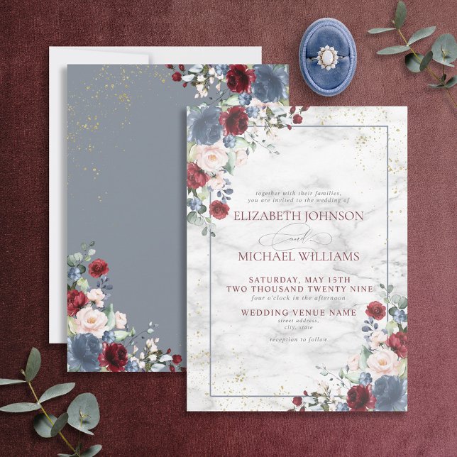 Convites Dusty Blue Burgundy Blush Dourado Casamento Floral (Criador carregado)