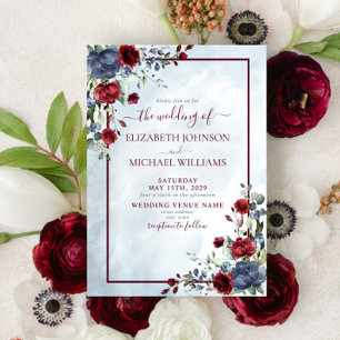 Convites Dusty Blue Burgundy Floral Watercolor Script