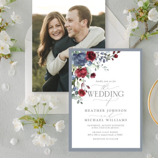 Convites Dusty Blue Burgundy Red Floral Watercolor Foto (Criador carregado)