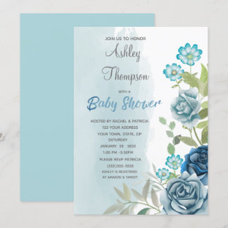 Convites Dusty Blue Chá de fraldas Floral Watercolor