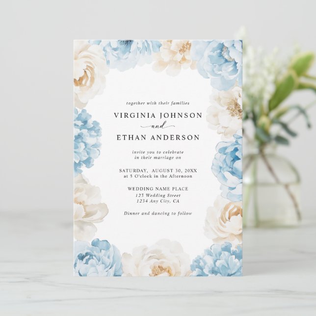 Convites Dusty Blue Champagne Peonies Ivory Casamento Flora (Em pé/Frente)