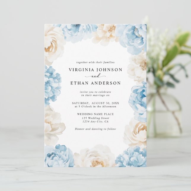 Convites Dusty Blue Champagne Peonies Ivory Casamento Flora (Em pé/Frente)