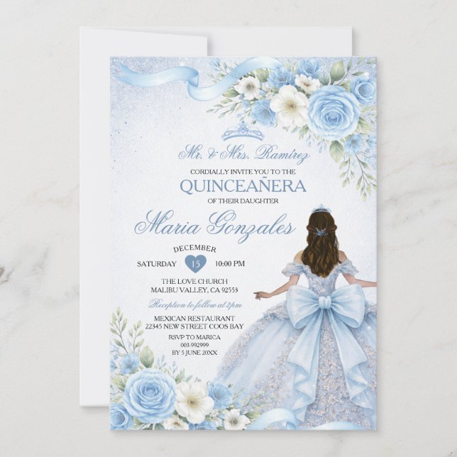 Convites Dusty Blue Charra Princess Floral Girl Quinceañera (Frente)
