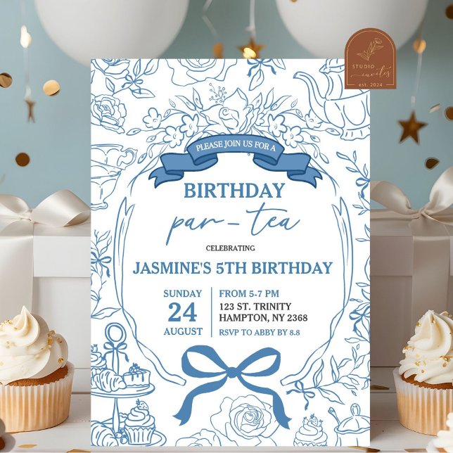 Convites Dusty Blue Chinoiserie Birthday Par-Tea (Criador carregado)