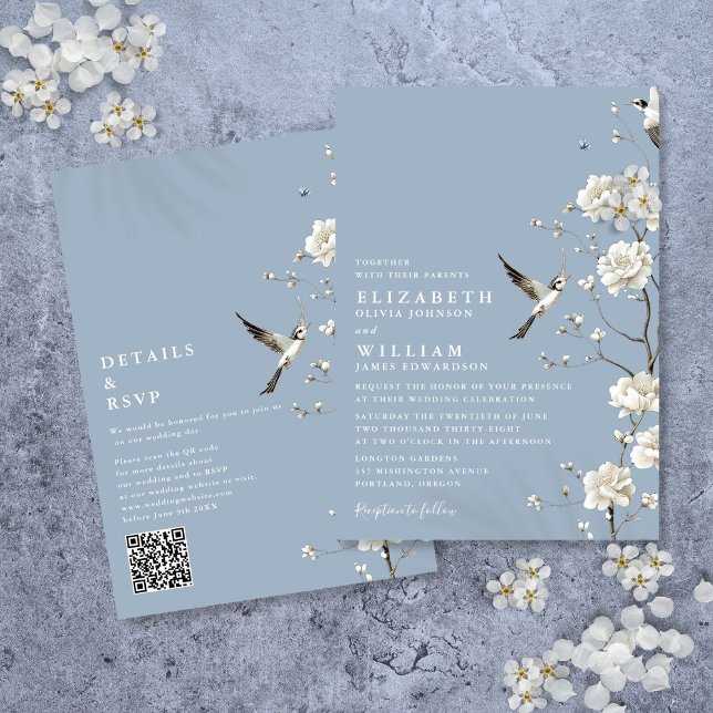 Convites Dusty Blue Chinoiserie Floral Código QR Casamento (Dusty Blue Chinoiserie Floral QR Code Wedding Invitation)