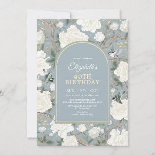 Convites Dusty Blue Chinoiserie Floral Women aniversário de