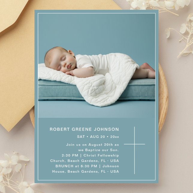 Convites Dusty Blue Christening Photo Baby Boy Baptism (Criador carregado)