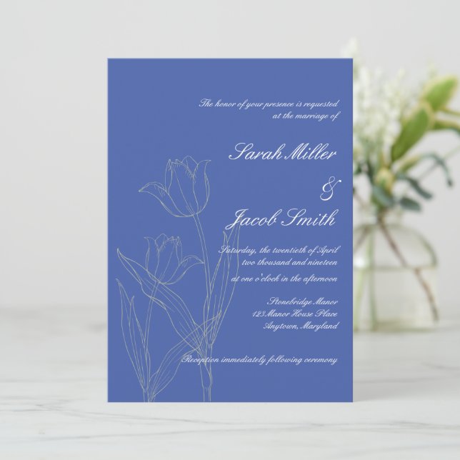 Convites Dusty Blue & Cinza Casamento Minimalista de Tulipa (Em pé/Frente)