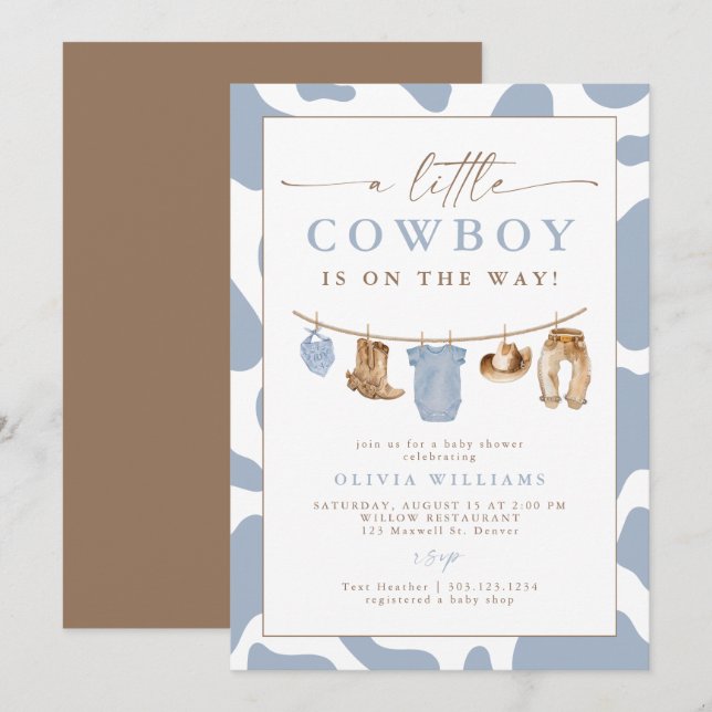 Convites Dusty Blue Clothesline Little Cowboy Baby Shower (Frente/Verso)