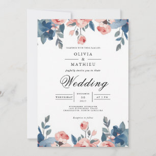 Convites Dusty Blue & Coral Floral Romance Casamento
