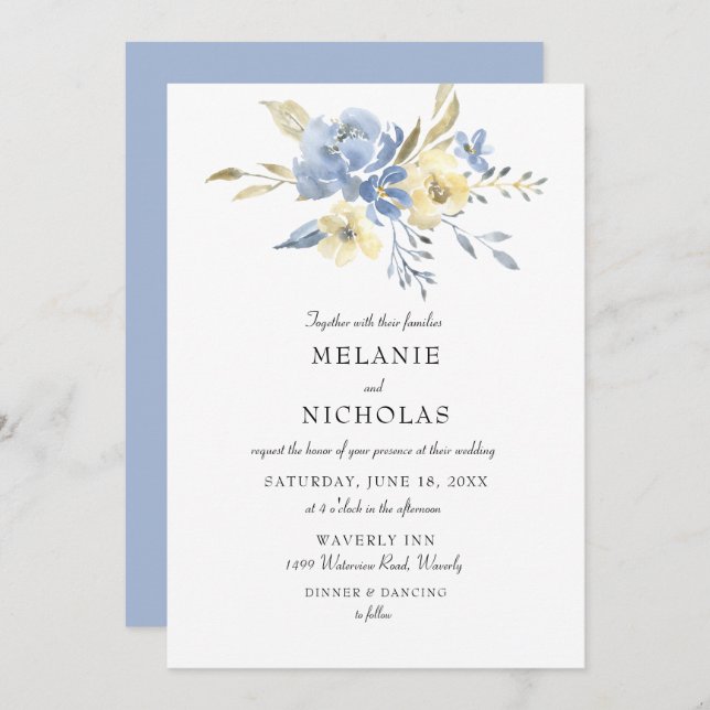 Convites Dusty Blue + Cream Floral Weding (Frente/Verso)