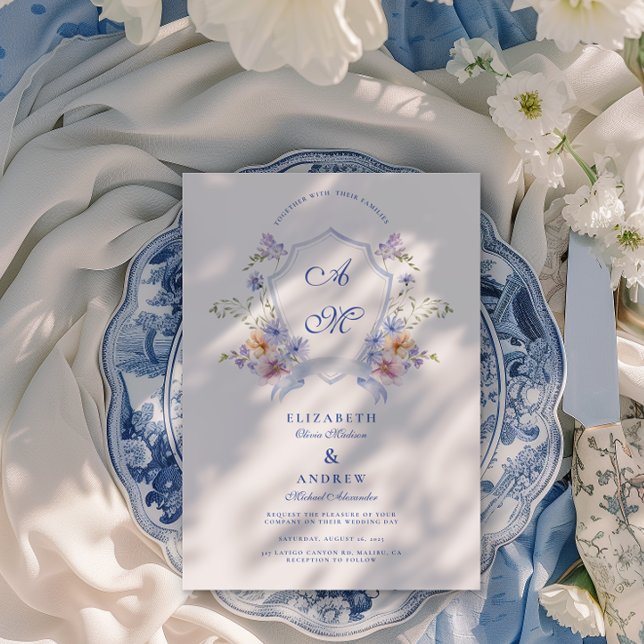 Convites Dusty Blue Crest Floral Weding (Criador carregado)