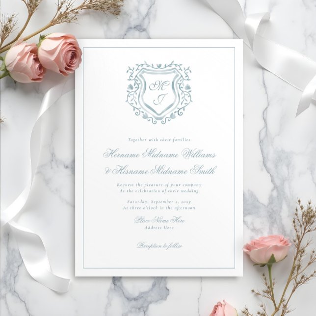 Convites Dusty Blue Crest Monograma Elegant Classy Wedding (Criador carregado)