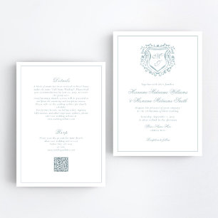 Convites Dusty Blue Crest QR RSVP All-In-One Wedding