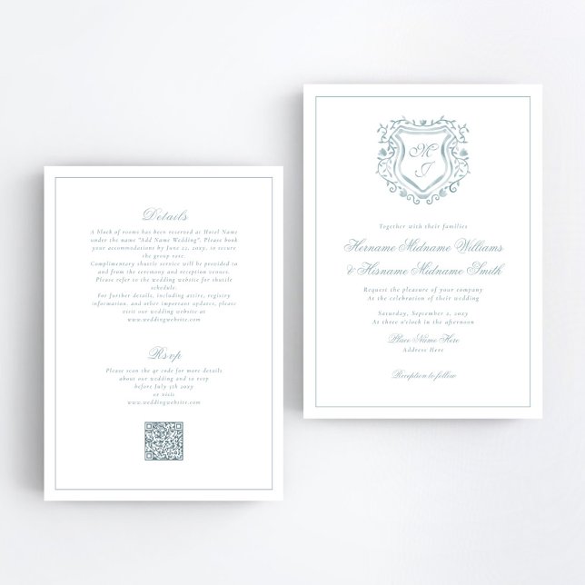 Convites Dusty Blue Crest QR RSVP All-In-One Wedding (Criador carregado)